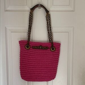 Kurt Geiger Hot Pink Woven Tote with Bronze Chain and Leather Handles